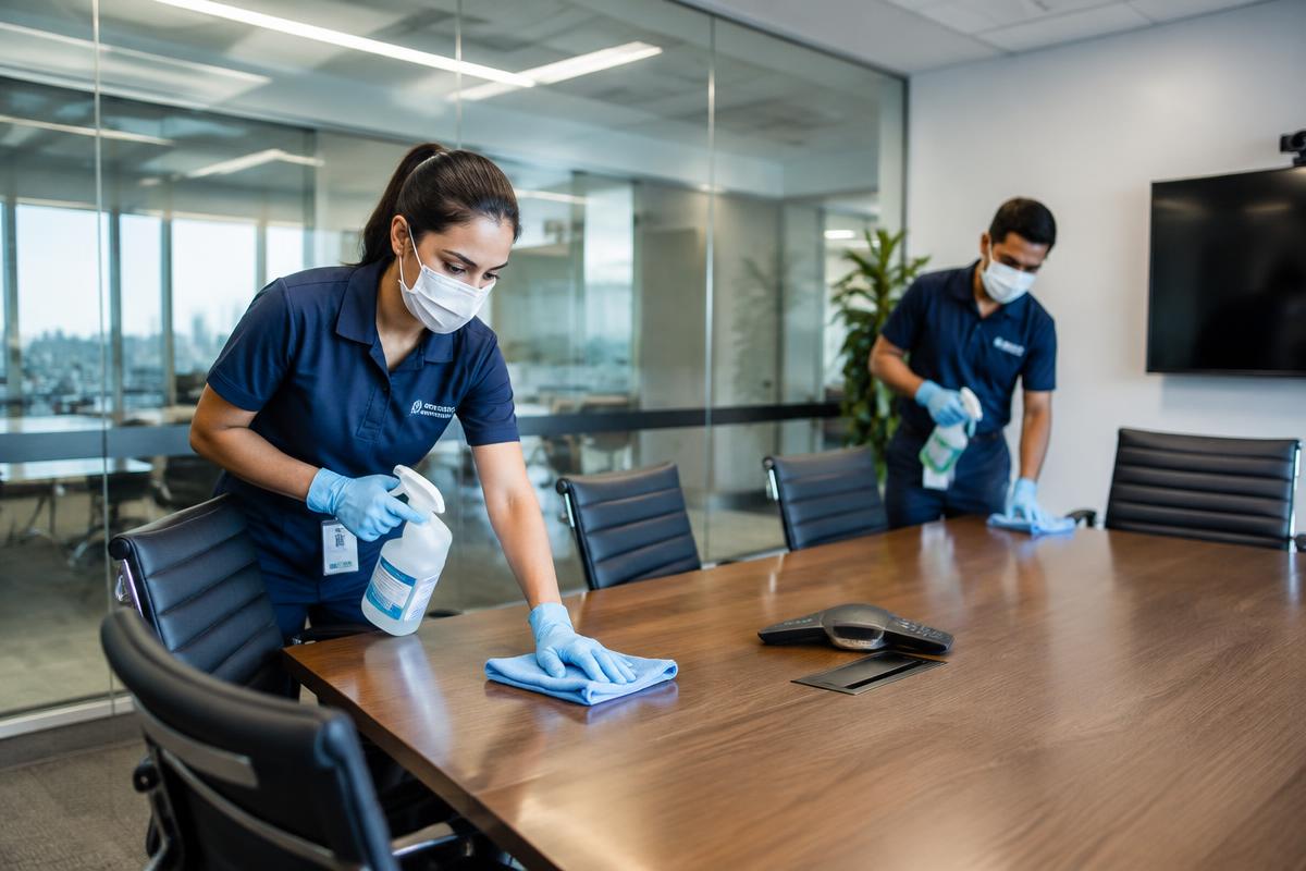 Cleaning crew sanitizing a corporate conference room table