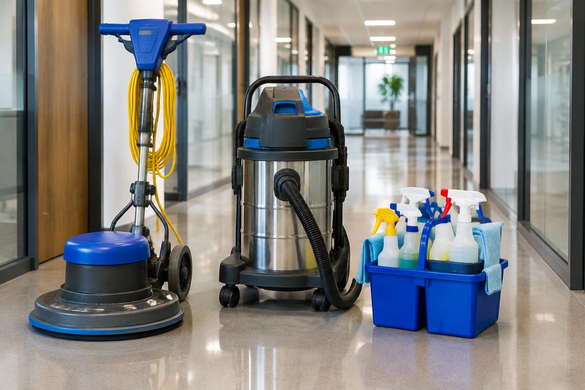 Commercial floor buffer, industrial vacuum and commercial-grade cleaning products in an office corridor