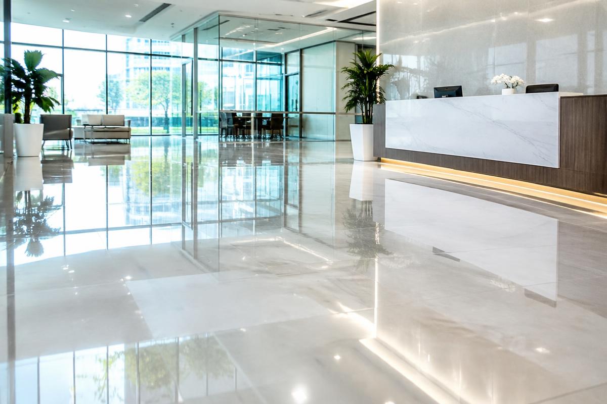Polished commercial lobby floor and clean reception area
